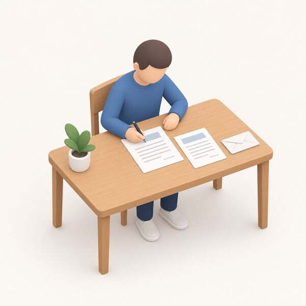 A simplified isometric figure of the applicant seated at a household table signing a paper funding agreement, pen in hand, with the document showing only blank lines and plain blocks, a second copy and an envelope nearby.