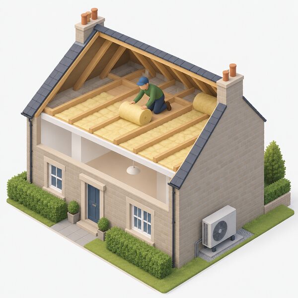An isometric cutaway of a Scottish house loft where a simplified installer in plain clothing kneels between the joists unrolling a roll of blanket insulation and laying it between the batts, with the insulated ceiling below and a heat pump unit visible outside the house wall.