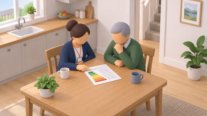 A Home Energy Scotland advisor and a homeowner sit together at a kitchen table in a Scottish home, the advisor pointing to an EPC certificate laid flat between them, its content shown only as blank lines and plain colour bands, as they discuss whether the planned measure meets the scheme's rules.