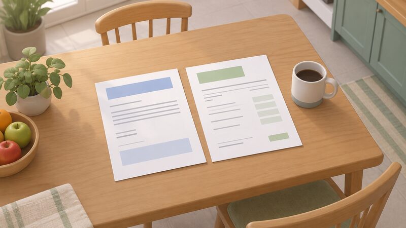 A kitchen table seen from above with two paper documents side by side: a loan offer letter and a cashback payment statement, each with blank lines and plain colour blocks, beside a simple mug.