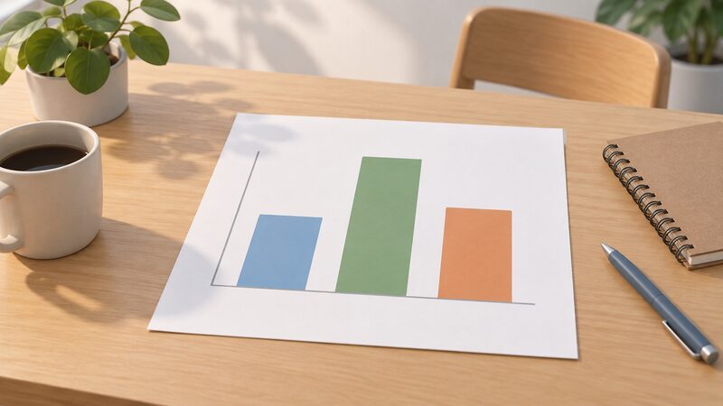 A printed bar chart sheet lying on a table showing three plain vertical bars of differing heights, the middle bar tallest, representing Home Energy Scotland loan payouts across three financial years, with no numbers or words anywhere on the sheet.