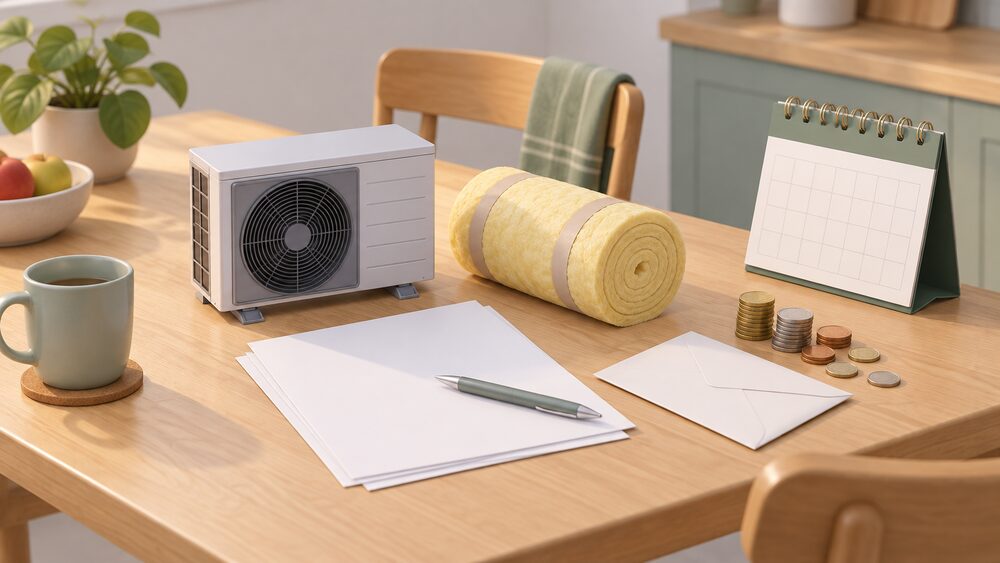A small model of a heat pump and a roll of loft insulation stand on a kitchen table beside blank application paperwork, a sealed envelope, a scatter of coins and a wall calendar, showing a household weighing up funding for energy improvements.