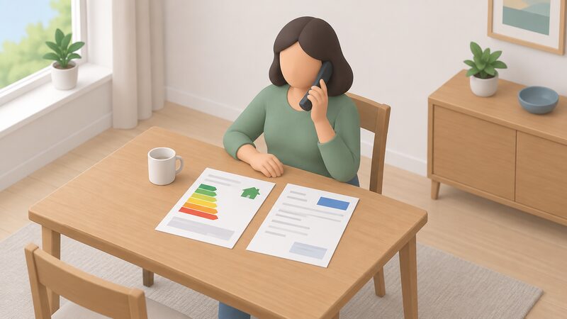 A householder seated at a home table telephones a national energy advice line, with a paper EPC certificate and a fuel bill lying on the table beside the phone, both shown as physical documents with blank lines and plain blocks instead of readable content.