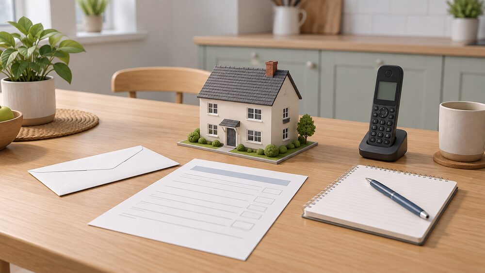 A small model of a house sits on a kitchen table beside a blank application form, a plain envelope, a notepad with a pen and a cordless telephone handset, suggesting a householder about to call a free energy advice line.