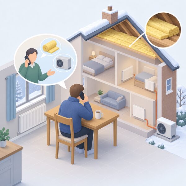 A householder sits at a kitchen table in a cold home, phone to ear, taking free advice about insulation and low carbon heating, with a simple cutaway of the house beside them showing loft insulation and a heat pump connected to radiators.