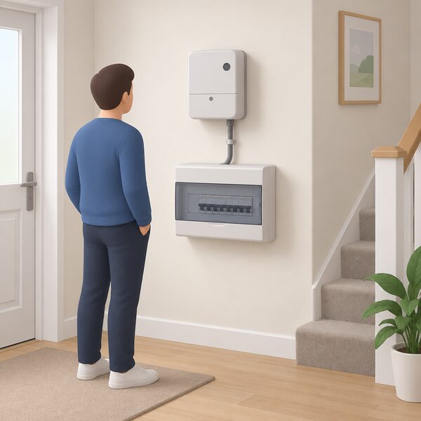 A single electricity smart meter unit mounted on an interior wall of a plain home hallway, with its short cable running down to the consumer unit below, drawn as a simple cutaway indoor scene with no display screen or separate monitor shown.