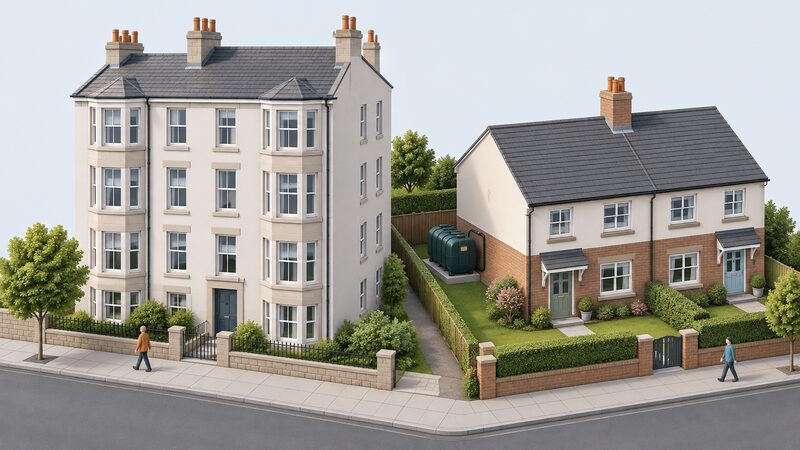 A side-by-side street scene showing a Scottish tenement flat with external wall insulation on its stone facade next to a Northern Ireland semi-detached house with an oil tank in its garden, each home a distinct retrofit story.