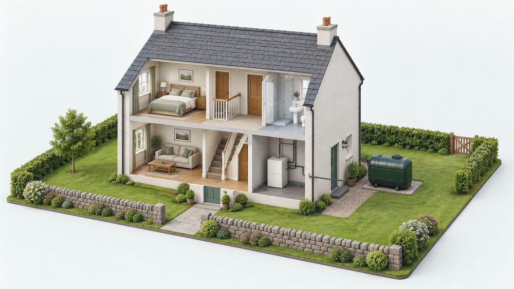 A cutaway rural Northern Ireland house showing an oil-fired boiler indoors connected by a fuel line to a domestic oil storage tank standing outside at the side of the house near the back door, with no gas pipe entering the building.