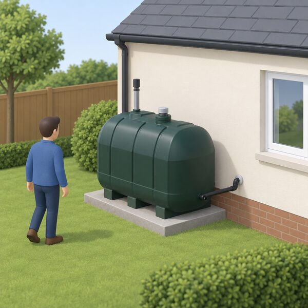 A plastic domestic oil storage tank on a raised base at the side or rear of a simple house, with its fill point and vent pipe visible and a supply line running into the house wall, set in a plain garden.