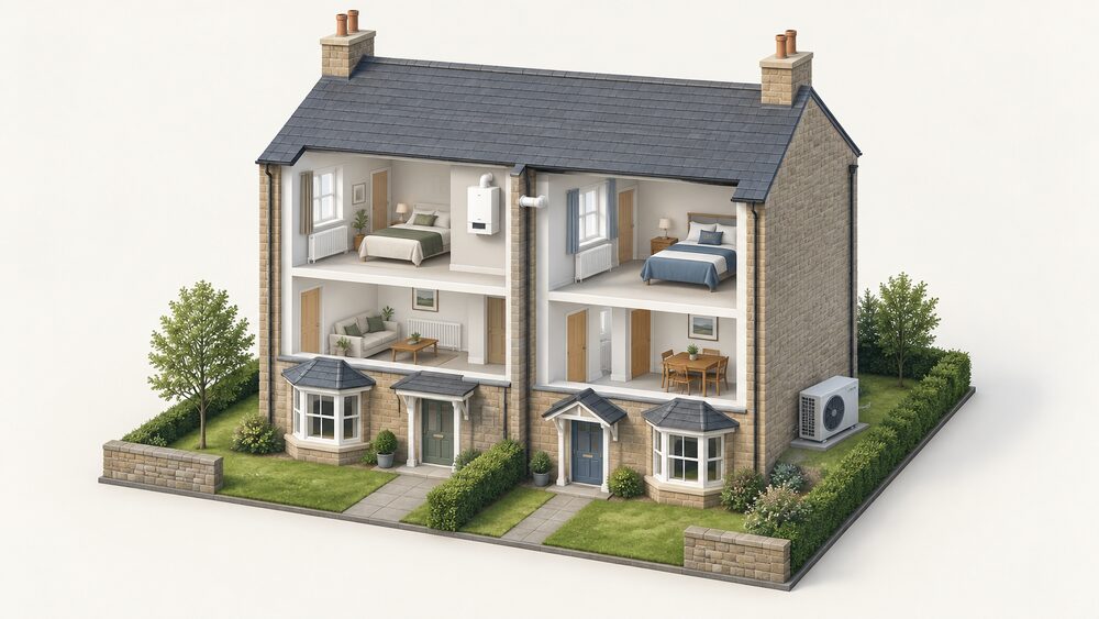 A cutaway of two adjoining Scottish homes: one with a wall-mounted gas boiler indoors and its flue passing through the external wall, radiators on the walls, and the neighbouring home with an air source heat pump fan unit standing on the ground outside.