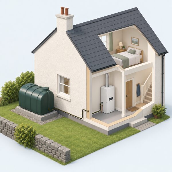 A simple Scottish house with a domestic heating oil tank standing outside on a solid base beside the wall, connected by a fuel supply pipe to the oil-fired boiler inside, showing a home heated by heating oil as covered by the Emergency Heating Oil Scheme.