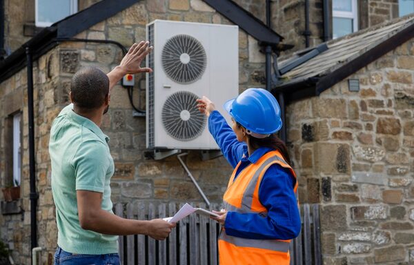 A surveyor in a hard hat and hi-vis vest and a homeowner discussing an air source heat pump mounted on the outside wall of a stone house