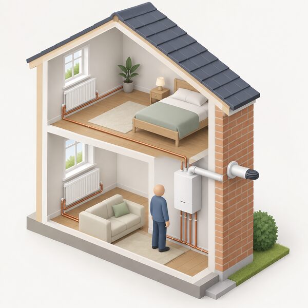 A cutaway view of a home interior showing a wall-mounted gas boiler connected to radiators and pipework, with its flue duct passing horizontally through the outside wall to a terminal outdoors, a simplified figure standing beside the boiler.