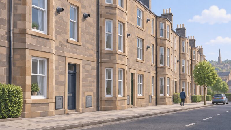 A terraced street of Scottish tenement flats seen from the pavement, with small flue terminals venting from upper flat walls and recessed gas meter boxes set into the stonework at ground level along the row.