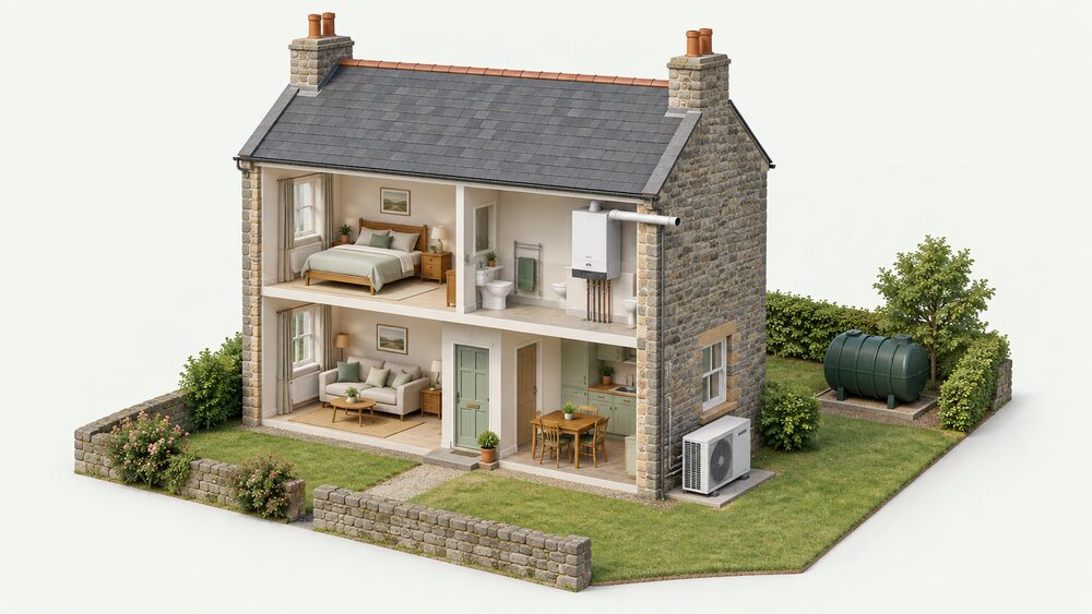 A cutaway Welsh house showing a gas combi boiler on an inside wall with its flue through the external wall, an oil tank standing in the garden, and an air source heat pump fan unit on the ground outside the rear wall.