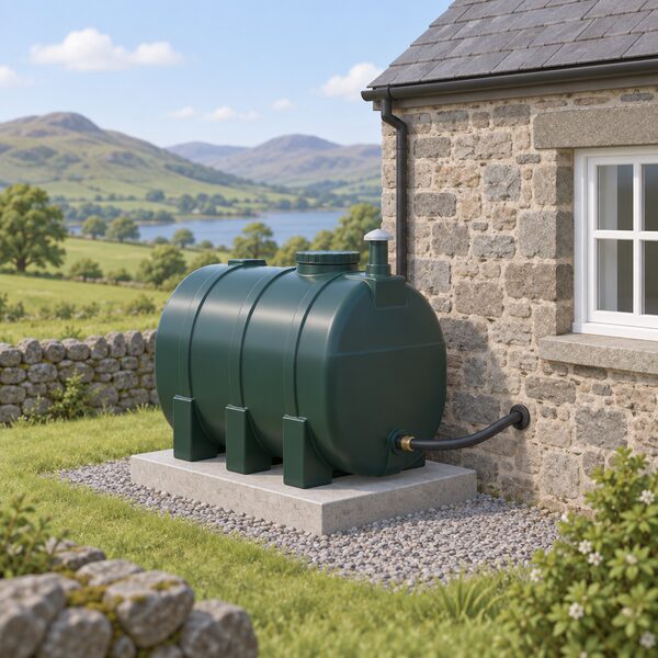 A plastic domestic heating oil tank standing on a slab at the side of a stone-built rural Welsh house, with a fill pipe and a supply line running into the house wall, set in open countryside with no gas connection.