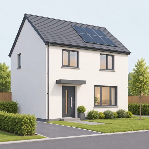 A modern new build house in Wales shown from the outside, with a plain front wall and no gas meter box, no gas pipe and no boiler flue, illustrating that new Welsh homes have no gas connection.