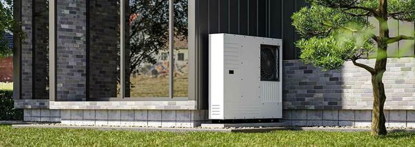 A white air source heat pump unit installed outside a modern brick house on a lawn
