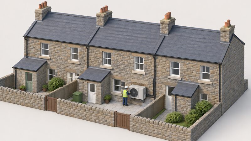 A row of traditional stone-built Welsh terraced houses, one with a modern air source heat pump unit mounted on its external rear wall, with pipework running from the unit into the house and a small simplified figure of an installer standing beside it checking the installation.