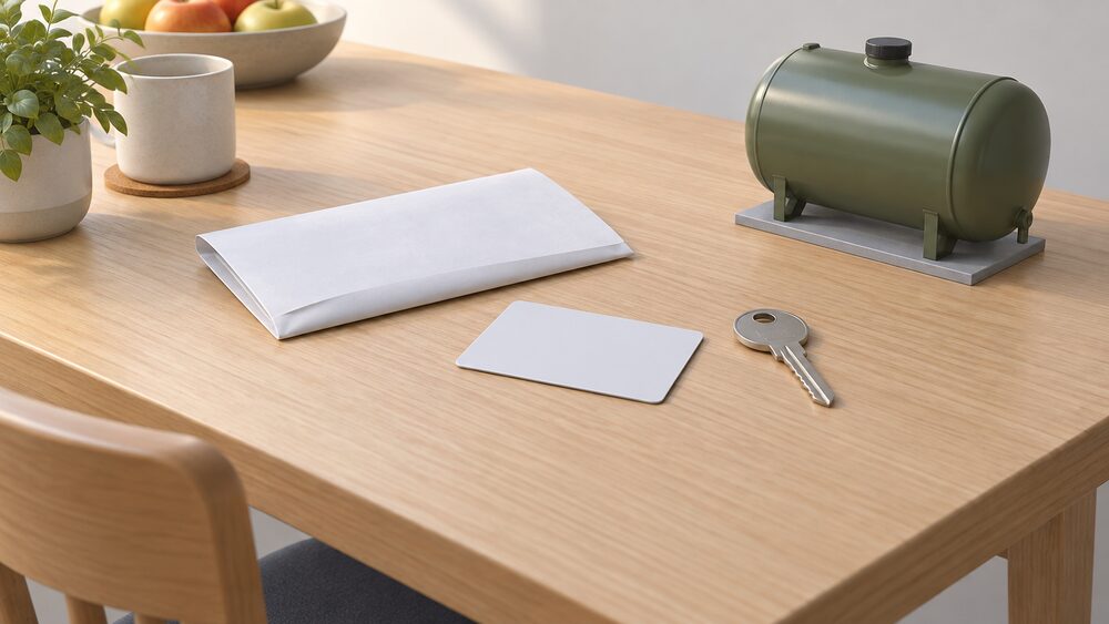 A blank plastic payment card lying on a kitchen table beside a folded letter and a house key, with a small model of a domestic oil tank standing at the edge of the table to represent the fuel the card pays for.
