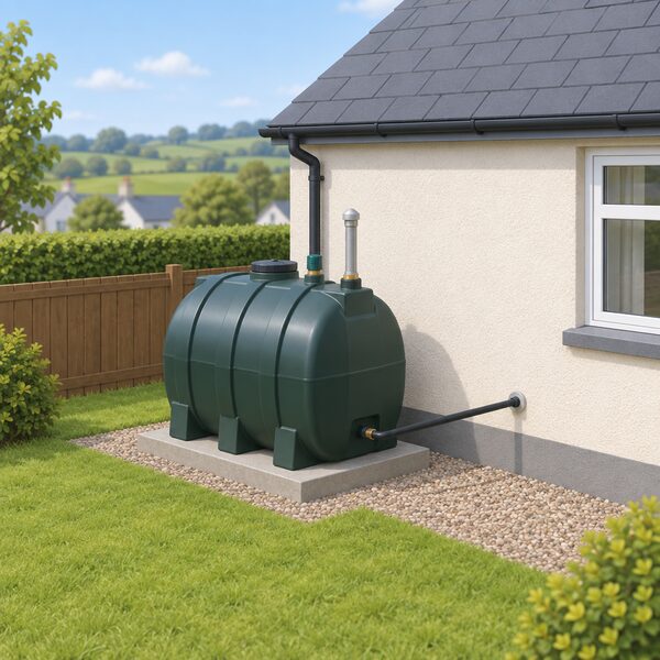 A plastic domestic heating oil tank on a base at the side or rear of a modest Northern Ireland house, with its fill point and vent pipe visible and the tank's supply line running into the house wall, set in a simple rural or suburban garden.