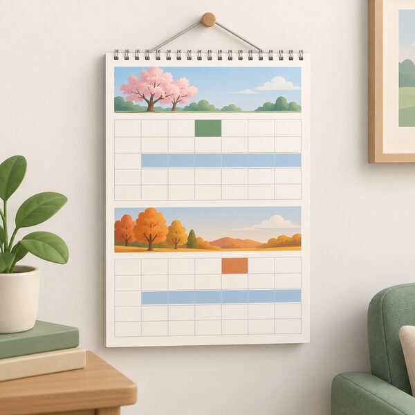 A paper wall calendar hanging on a plain domestic wall, with the April and November 2026 pages shown as the qualifying months marked by plain colour bands and the application window shown as a longer shaded span, drawn as a physical object with no readable words or numbers.