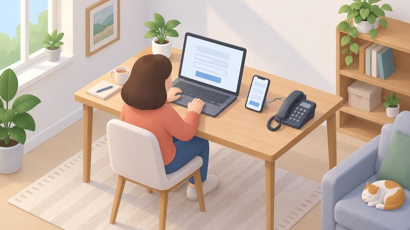 A householder at a home desk completing the online application on a laptop screen shown as blank form fields, with a smartphone beside them for the contact detail and a telephone handset nearby representing the phone support route.