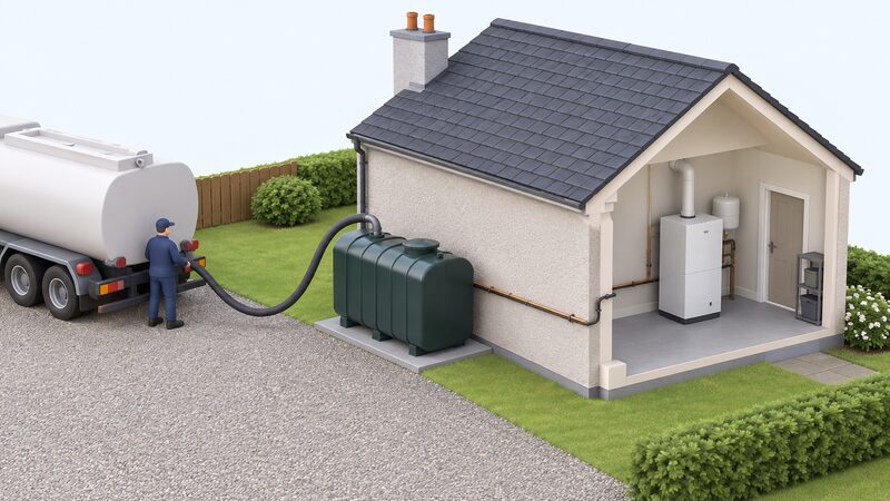 A domestic oil storage tank standing at the side of a Northern Ireland house, connected by a fuel line to the oil boiler inside, with a delivery hose from a tanker filling the tank.