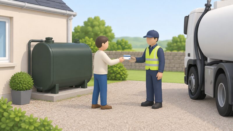 A simplified figure hands a small digital prepaid card, shown as a plain card with a colour band and blank lines, to an oil delivery driver beside a domestic heating oil tank, representing payment to any local supplier.