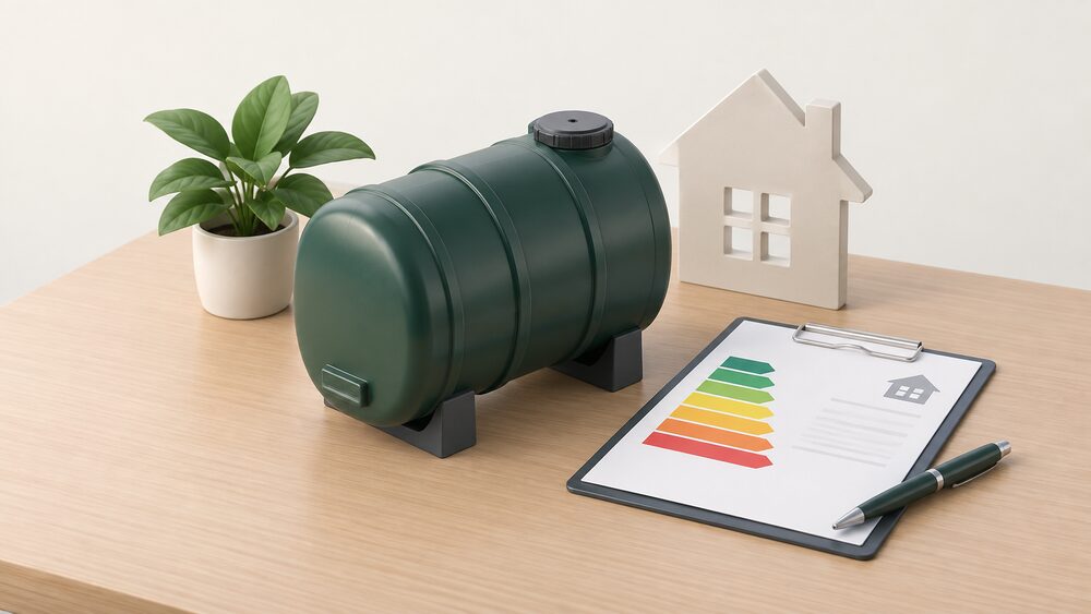A small model of a domestic heating oil storage tank stands on a table beside a blank EPC certificate document and a pen, with a small house-shaped cutout behind them, representing a home rated on the cost of its oil heating.
