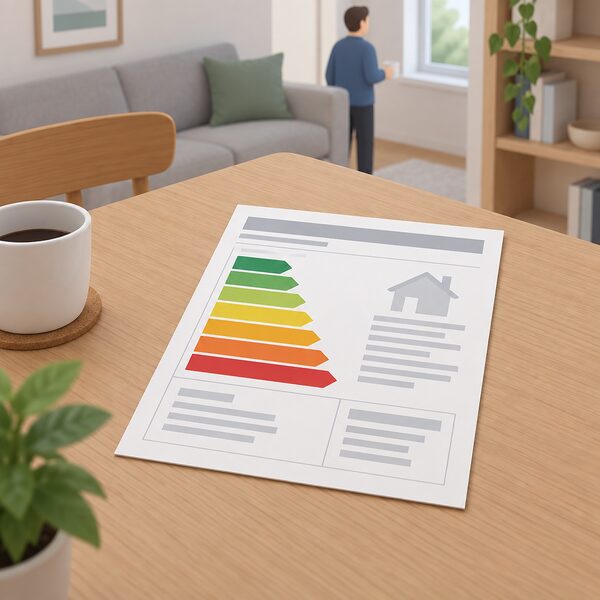 An energy performance certificate document lying flat on a table in a home, its coloured band scale running from red through yellow to green clearly visible, with all lettering and figures shown only as blank lines so nothing is readable.