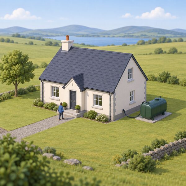 A small detached rural house standing alone in open countryside with no neighbouring homes, no gas connection and no piped gas infrastructure, and a domestic heating oil tank beside the house on the garden side, connected by a short oil supply line toward the building.