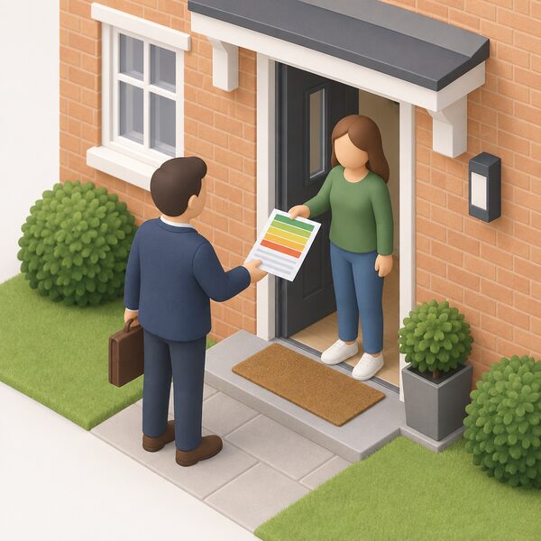 At the front doorstep of a simple house, a householder passes a printed certificate sheet, shown with plain colour bands and blank lines only, to a prospective buyer or tenant standing outside the open door.