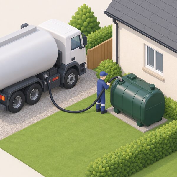 A small isometric figure of a delivery driver stands beside a domestic heating oil tank in a house garden, holding a hose from a delivery tanker parked nearby, filling the tank through its fill point while the house wall sits behind.