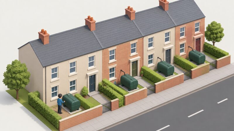 A row of terraced homes seen from the street, with a small isometric figure standing by a domestic oil storage tank in one front garden, the tank connected by a pipe running into the house wall.