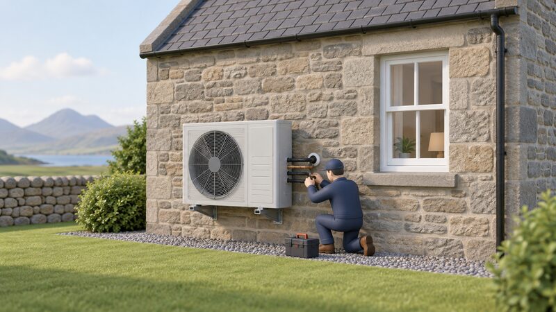 An air source heat pump unit mounted on the exterior rear wall of a traditional Scottish stone-built house, with a small simplified figure of an installer working at the refrigerant and pipework connections where the lines pass through the wall into the home.