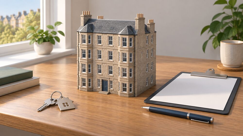 A small stone tenement flat model with several windows sits centrally on a wooden table beside a blank EPC certificate document on a clipboard, a pen, and a house-shaped key ring, all lit by soft daylight from a nearby window.