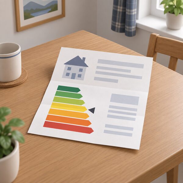 A folded EPC certificate sheet lying on a table in a Scottish home, its front showing a plain colour band chart with a marker on one band and blank lines for the property details, with no readable words or numbers.