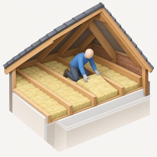 A cutaway view of a home loft space showing a simplified isometric figure kneeling between the timber joists, laying a thick blanket of mineral wool insulation neatly between them, with the insulated ceiling below and the sloping roof above.
