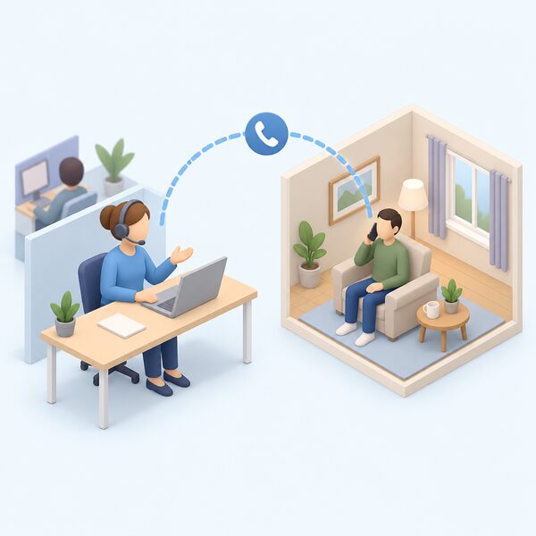 A simplified isometric adviser seated at a desk with a headset telephone in an advice centre, speaking with a householder shown at home in a small cutaway room holding a phone, a speech-link connecting the two to show free advice being given over the call.