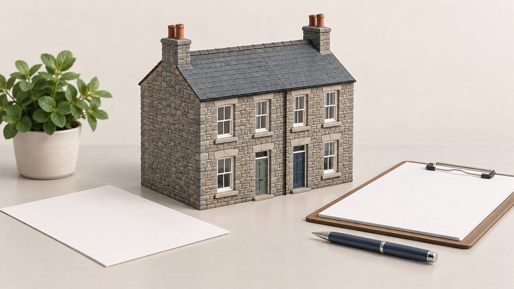 A small model of an old pre-1919 stone terraced house with thick solid walls sits on a table beside a blank certificate document, a clipboard and a pen, suggesting an energy assessment of an ageing Welsh home.