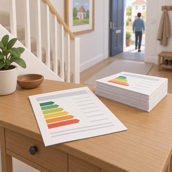 A printed EPC certificate lying on a table in a home hallway, shown as a physical document with its rating bands as plain colour blocks and blank lines, beside a small stack of similar sheets representing the register of lodged certificates for sold, let or newly built homes.