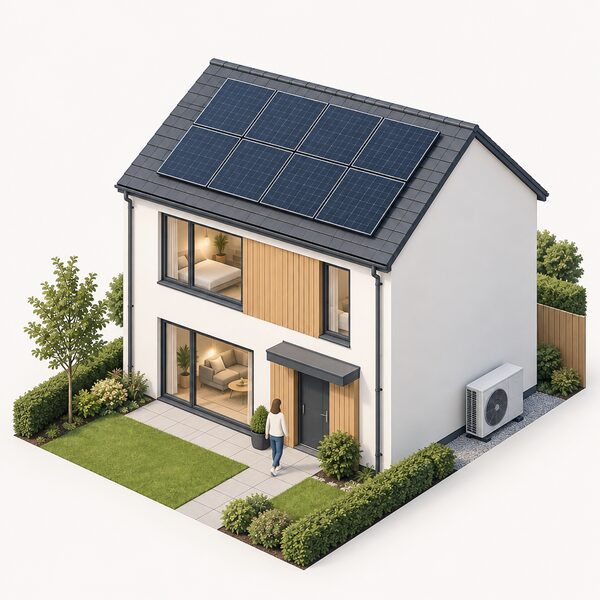 A newly built modern Welsh house with a contemporary low-energy design, shown from outside with solar panels on the roof and an air source heat pump unit beside the wall, conveying the high energy efficiency typical of new dwellings in Wales.