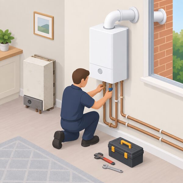 An installer in plain work clothing kneels beside a new wall-mounted gas boiler inside a home, connecting its flow and return pipes to the existing central heating pipework and its flue passing through the outside wall, with an old boiler removed nearby.