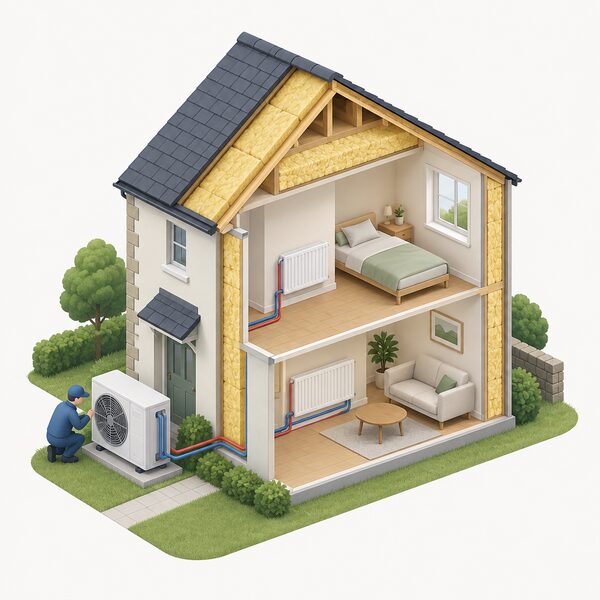 A cutaway view of a small Welsh home showing thick insulation in the walls and roof alongside an air source heat pump unit outside connected to indoor radiators, with a simplified figure inspecting the heat pump.