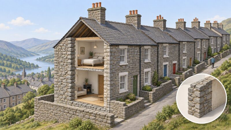A row of pre-1919 stone-built terraced houses climbing a Welsh hillside, their thick solid stone walls shown in a cutaway at one dwelling to reveal the single-leaf masonry with no cavity, typical of the oldest part of the Welsh housing stock.