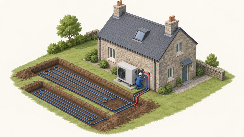 An isometric installer connecting a ground source heat pump unit outside a stone cottage, with buried horizontal collector loops of pipework being laid in trenches beside the building and flow and return pipes entering the cottage wall.
