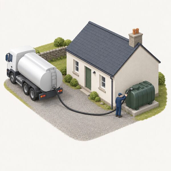 A plastic domestic heating oil tank on a concrete base beside the outside wall of a simple remote house, with a delivery hose running from a tanker to the tank's fill point and a small isometric figure holding the hose at the tank end.