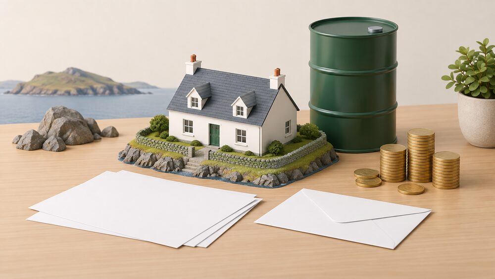 A small model of a remote island house sits on a table beside a heating oil drum, a stack of coins and blank paperwork with an envelope, representing an off-gas-grid household facing higher energy costs.