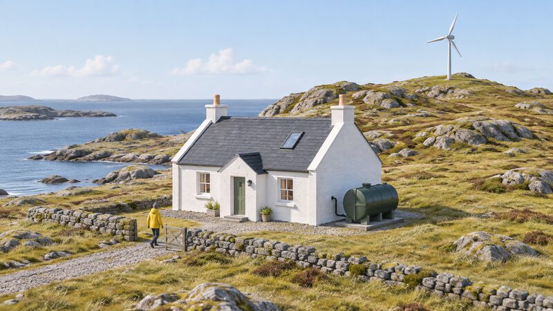 A small white croft house on a remote windswept island, with a domestic heating oil tank beside it and a small wind turbine on a rise in the background, no gas pipes anywhere.